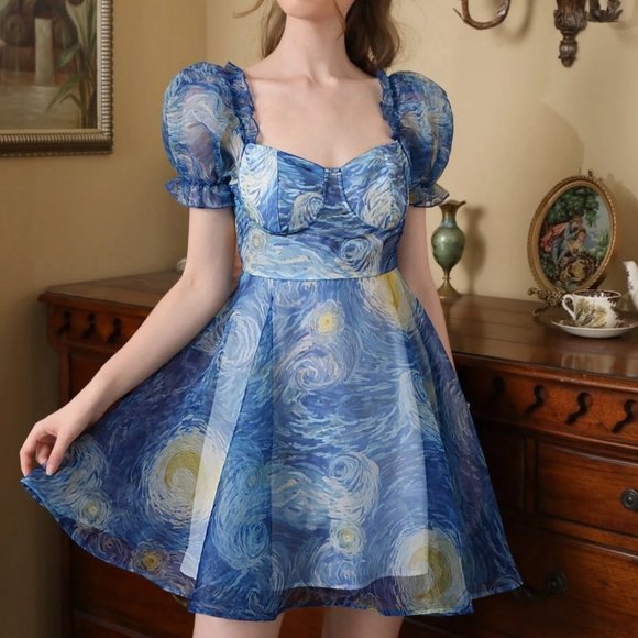 . Dresses & Skirts - Multicolor Preppy Womens Allover Print Puff Sleeve A-line Dress